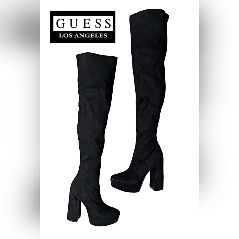 GUESS Cristy Black Faux Suede Thigh High Platform Boots Size 9M
